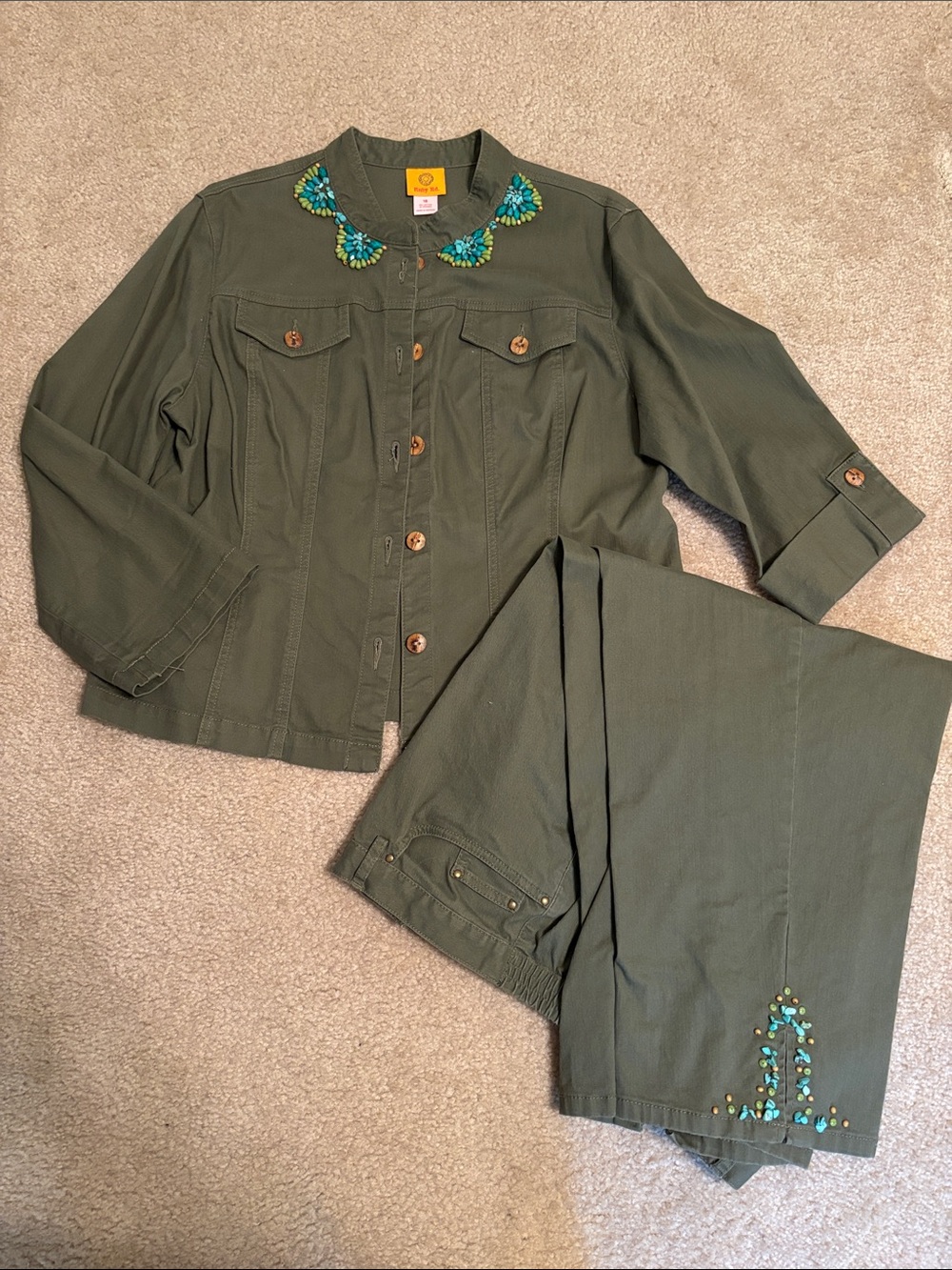 Ruby Rd. Olive Green Embroidered Pantsuit with Teal Bead Accents